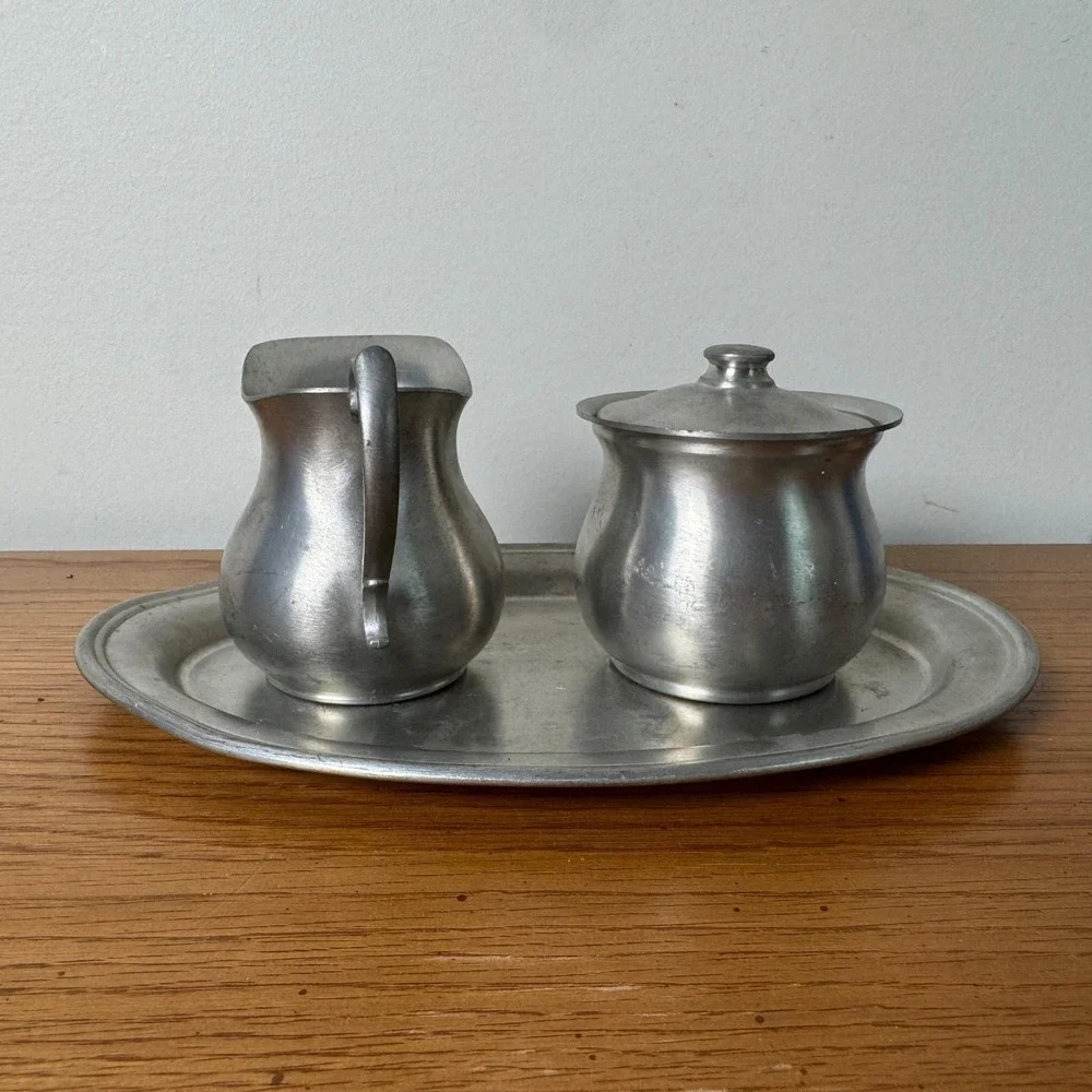 Web Pewter‎ Early American Creamer Sugar Bowl and Oval Tray Set 3 Piece Vintage